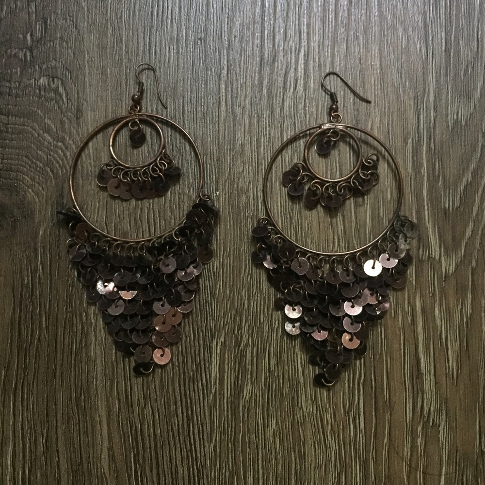 Brown Sequin Dangle Statement Earrings
